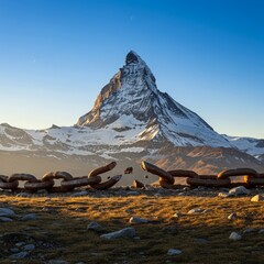 A mountain with a broken chain at its base Breaking free from li