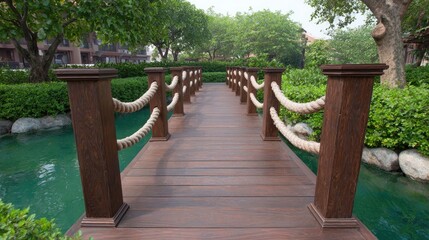 Obraz premium Scenic Wooden Bridge Over Calm Water Surrounded by Lush Greenery in a Tranquil Outdoor Setting with Natural Light and Sunshine