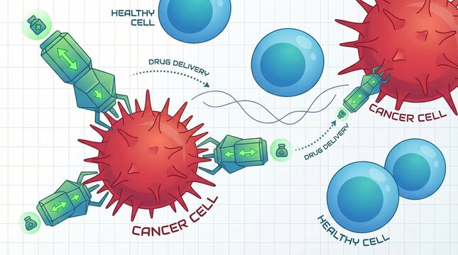 Vector illustration depicting targeted drug delivery to cancer cells while sparing healthy cells, shown with green nanobots and red spiky cells on a grid background.