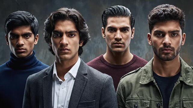 Four serious young men looking directly at camera