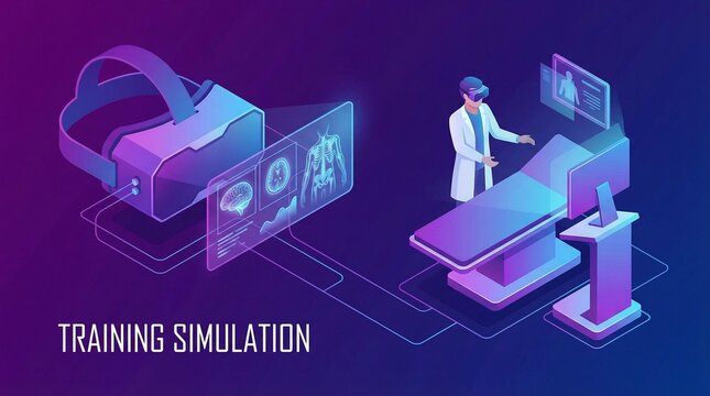 Isometric vector illustration of a doctor using VR headset for medical training simulation with holographic data displays on a dark purple background.