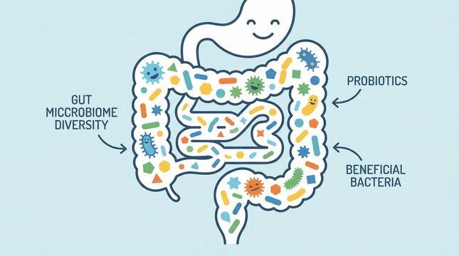 Vector illustration of a healthy human gut microbiome with diverse probiotics and beneficial bacteria, isolated on a light blue background for medical diagrams.