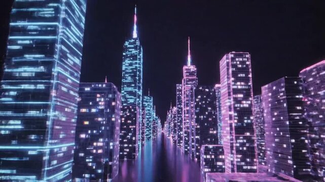 futuristic city skyline at night, neon lights, skyscrapers, digital art, urban landscape