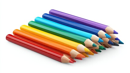 Fototapeta premium Colorful collection of vibrant wooden colored pencils arranged neatly in a row on a white background, perfect for art and design purposes