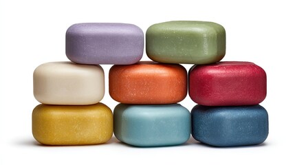 Assorted Colorful Soap Bars Stacked Artistically on a White Background for Cleanliness and Beauty Concept in Product Photography