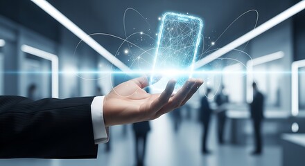 A hand presenting a glowing smartphone with digital connections in a futuristic corridor