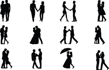 Romantic couple silhouettes set in various poses, holding hands, dancing and embracing, black love story figures isolated on light background, minimalist vector illustration