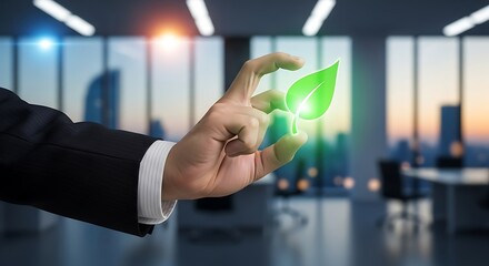 A hand gently holding a glowing green leaf symbolizing growth and sustainability in a city