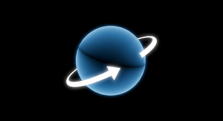 Blue Planet with White Ring and Arrow on Black Background