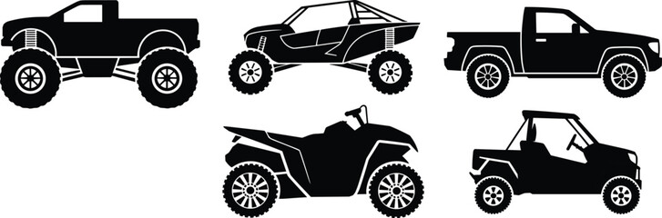 Off-road vehicle silhouettes, monster truck, dune buggy, pickup truck, ATV, UTV, rugged terrain, adventure, motorsport icons ©  Arfina