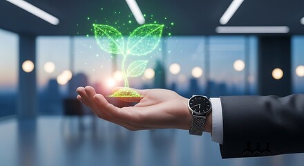 A hand holding a glowing digital sprout representing sustainable growth and innovation