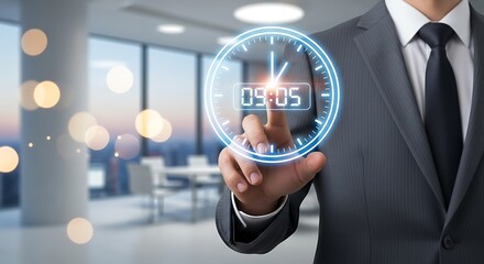 A businessman interacts with a glowing digital clock displaying 09 05 symbolizing time management