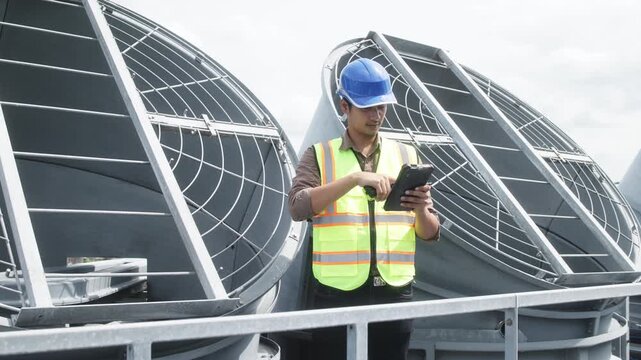 Two construction engineers in safety gear examine industrial HVAC units on rooftop, pointing and discussing project progress and setup.