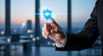 A businessman interacts with a glowing blue shield icon symbolizing digital security and protection