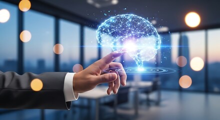 A hand interacts with a glowing futuristic brain shaped network of data points