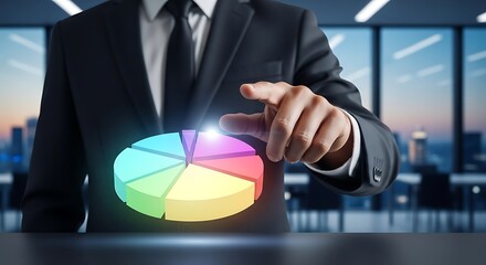 Business professional interacting with a glowing pie chart representing data analysis high-quality