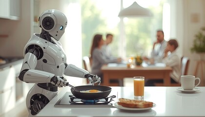 人型アンドロイドロボットが料理をしてくれている、未来のライフスタイルの風景