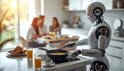 人型アンドロイドロボットが料理をしてくれている、未来のライフスタイルの風景