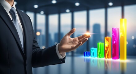 Business professional interacting with a glowing colorful bar graph representing data analysis