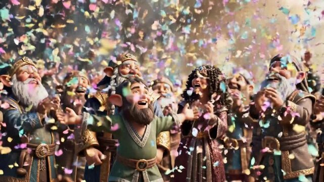 joyful dwarfs celebrating with confetti, fantasy concept