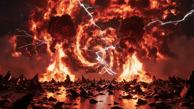 fiery explosion vortex in apocalyptic landscape, hellish inferno