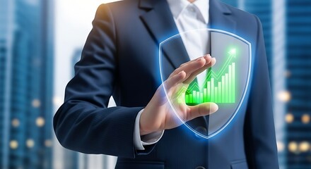 Businessman interacting with a glowing digital shield displaying a financial growth chart