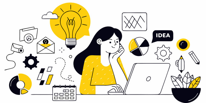 Woman brainstorming ideas with a laptop and creative visual elements