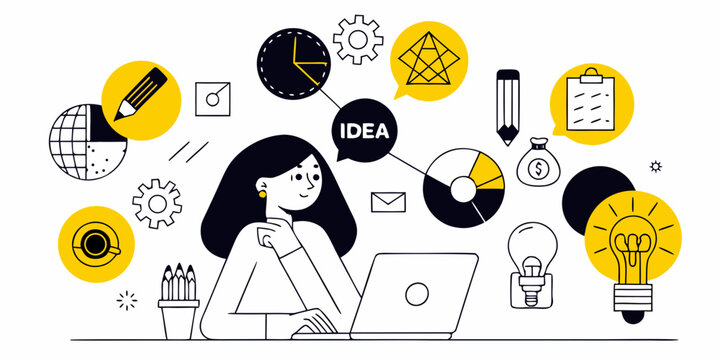 A woman working on a laptop surrounded by creative idea icons