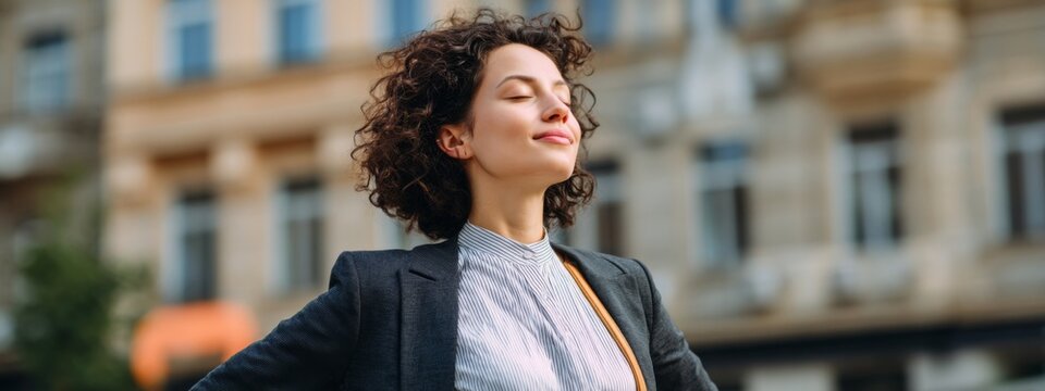 Woman Practicing Self-Management Techniques Outdoors in Urban Setting with Calm and Confident Expression