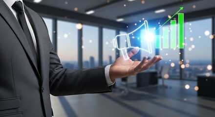 Businessman presenting a digital growth chart and megaphone in a modern office setting