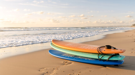 Obraz premium Stack of colorful surfboards on a sandy beach at sunset. Orange, green, and blue surfboards near the ocean shore. Summer vacation and surfing concept