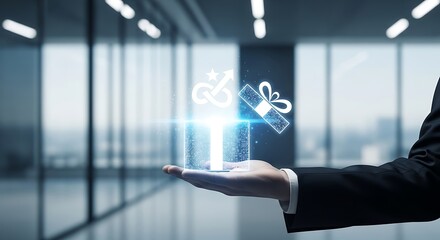 A person presenting a glowing futuristic display of rewards and achievement icons