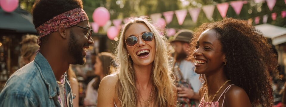 Joyful Friends Sharing Laughter and Good Vibes at Outdoor Party in Bright Summer Setting