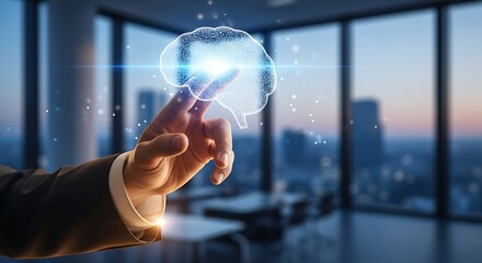 A hand interacts with a glowing digital brain hologram in a modern office setting