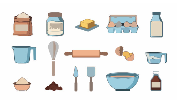 Baking ingredients and kitchen tools cartoon vector set isolated on solid white background flat design collection