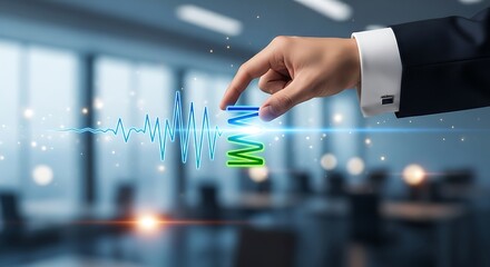 A hand interacting with a glowing digital waveform representing sound or data analysis