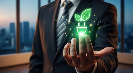 A businessman interacting with a glowing green leaf and plug icon symbolizing sustainable energy