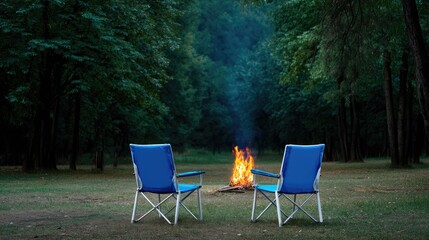 Cozy Evening Campfire Scene with Two Blue Chairs Set Against Lush Green Forest and Flickering Flames in Tranquil Outdoor Setting