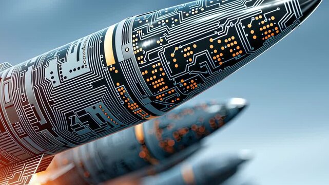 Missile rocket launch with circuit technology, cyberattack defense, digital warfare weapon concept, military guidance microchip hardware, blazing exhaust over cloudy sky for battlefield security