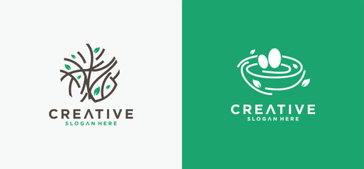 Natural bird nest icon logo with root and leaf symbols in a beautiful combination.