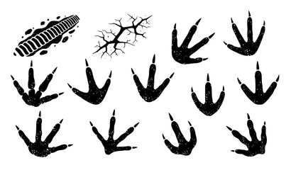 Hand drawn dinosaur track silhouette icon collection with grunge textured footprints vector © Shukimon