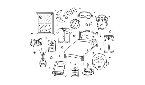 Sleep night routine doodle icon collection with bed moon tea and relaxation symbols vector illustration