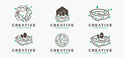 Natural bird nest icon logo with root and leaf symbols in a beautiful combination.