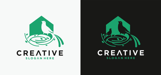 Natural bird nest icon logo with root and leaf symbols in a beautiful combination.