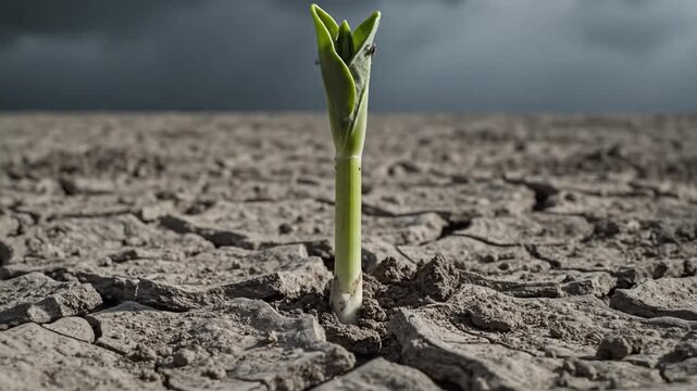 Green sprout emerges from parched cracked dry earth