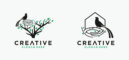 Natural bird nest icon logo with root and leaf symbols in a beautiful combination.