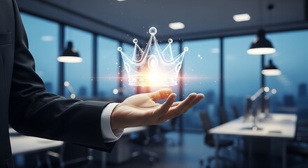 A person presenting a glowing crown hovering over their open palm in an office