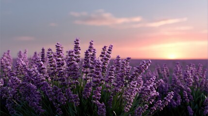 Naklejka premium Lavender Field at Sunset with Vibrant Colors and Peaceful Atmosphere, Capturing Nature's Beauty and Tranquility in a Serene Landscape Scene