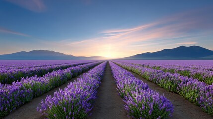 Obraz premium Serene Lavender Field at Sunset with Majestic Mountains in the Distance, Capturing the Essence of Natural Beauty and Tranquility