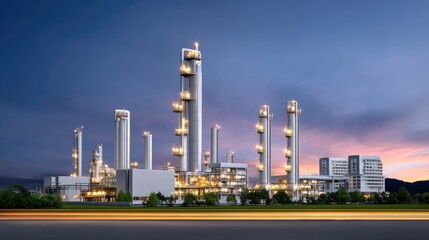 Modern Industrial Complex at Dusk with Illuminated Silos and Refineries Against a Colorful Sky and Urban Landscape